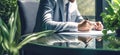 Businessman sits at a table and signs a legal document. Making a legal agreement or signing a contract in office. Generative AI Royalty Free Stock Photo