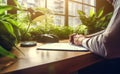 Businessman sits at a table and signs a legal document. Making a legal agreement or signing a contract in office. Generative AI Royalty Free Stock Photo