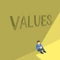 Businessman sitting against yellow wall with VALUES word