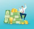 Businessman sitting on a big money and coins. Finance success, money wealth concept vector illustration Royalty Free Stock Photo