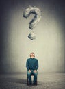 Businessman sitting on a chair, looks up astonished and pensive as a interrogation mark shaped cloud floats above his head. Royalty Free Stock Photo