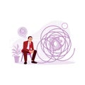 Businessman sitting in a chair trying to untangle tangled threads. The process of solving complex problems.