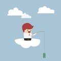 Businessman sitting on cloud with fish hook and dollar bait
