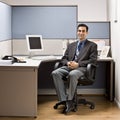 Businessman sitting at desk in cubicle