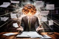 Businessman sitting at desk with exploding brain and papers flying around him, business brain storm strategy ideas sharing hand Royalty Free Stock Photo