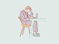 Businessman sitting at desk with laptop reading documents confuse dizzy simple korean style illustration
