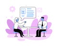 Businessman sitting at the desk listens to a woman and takes some notes. Job interview, application. Concept flat vector