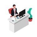 Businessman sitting at desk working on computer vector Royalty Free Stock Photo