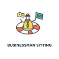 businessman sitting on the earth and working with mobile phone icon. there are geo pins on the world map, global business concept