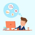 Businessman sitting in front of the computer with falling down trend graph. Royalty Free Stock Photo