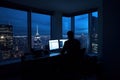 Businessman sitting at his desk using desktop computer at night. Stylish office studio with big windows. Generative AI