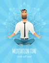 Businessman sitting in a lotus pose. Manager meditation of mandala pattern on background. The concept of business yoga