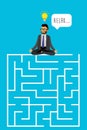 Businessman sitting in lotus position on the rectangle labyrinth