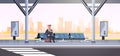 Businessman sitting modern bus stop business man with suitcase waiting public transport on airport station cityscape