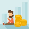 Businessman is sitting with pile of gold coins on his back. Royalty Free Stock Photo