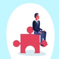 Businessman sitting puzzle piece problem solution concept cartoon character isolated full length flat