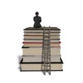 Businessman sitting on stack of books with wooden ladder Royalty Free Stock Photo