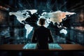 Businessman sitting at table and looking at world map. Technology concept, Businessman working on a hologram showing global map,