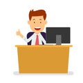 Businessman at workplace with thumb lifted up, Flat style Vector Illustration