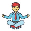 Businessman sitting in yoga pose, business meditation, corporate office worker relaxation concept.