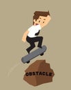 Businessman skateboard jump over obstacles