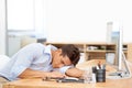 Businessman, sleeping and computer on desk at office in fatigue, burnout or mental health. Tired man or employee asleep Royalty Free Stock Photo