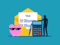 Businessman and smart piggy bank with tax calculation. Think Taxes Smartly