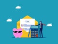 Businessman and smart piggy bank with tax calculation. Think Taxes Smartly