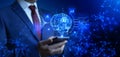 Businessman with Smartphone Displaying AI Brain Hologram and Neural Networks - Exploring Artificial Intelligence