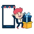 businessman smartphone gift cardboard box