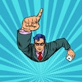 A businessman with a smartphone index finger up. Flying like a superhero Royalty Free Stock Photo