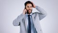 Businessman, smartphone and phone call with stress, frustrated and isolated on studio background. Mobile, professional Royalty Free Stock Photo