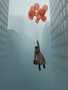 Businessman soaring on balloon in city