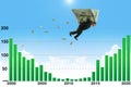 Businessman soaring on wings of money over low earnings part of graph a metaphor for financial and stock market success