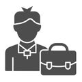 Businessman solid icon. Man with briefcase vector illustration isolated on white. Manager with suitcase glyph style