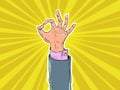 The businessman solved any problem. Help business in any situation. The hand of a man in a suit shows an ok sign. Pop Royalty Free Stock Photo