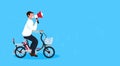 Businessman speaker cycling bicycle holding megaphone announcement concept guy riding bike male cartoon character full