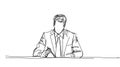 Man in Suit Sitting at Desk Holding Pen, Continuous Line Drawing Royalty Free Stock Photo