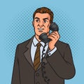 Businessman speaks on old phone pop art vector