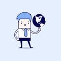 Businessman spinning globe. Cartoon character thin line style vector