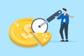 Businessman split golden dollar coin with pizza cutter in flat design