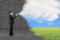 Businessman spraying clouds sky grass paint cover old brick wall Royalty Free Stock Photo