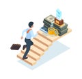 Businessman on stairs. Man ladder running walking steps on stairs to success and victory vector isometric concept Royalty Free Stock Photo