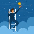 Businessman on stairs reaching the golden star. Success