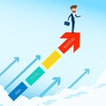 Businessman stand on arrow growth graph looking for success, opportunities, future business trends. Vision concept.