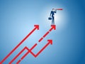 Businessman stand on arrow growth graph using telescope looking for success, opportunities, future business trends. Vision concept Royalty Free Stock Photo