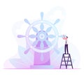 Businessman Stand on Ladder Moving Huge Steering Wheel. Business Man Control Ship Helm and Bring Company to Success