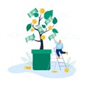 Businessman Stand on Ladder Pick Dollar Banknote from Money Tree Branch. Investment, Crowdfunding, Savings Concept Royalty Free Stock Photo