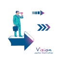 Businessman standing on arrow with telescope in hand. Vision business concept. Royalty Free Stock Photo