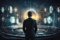 Businessman standing with back and looking at futuristic city hologram. Future concept, Back view of businessman in futuristic Royalty Free Stock Photo